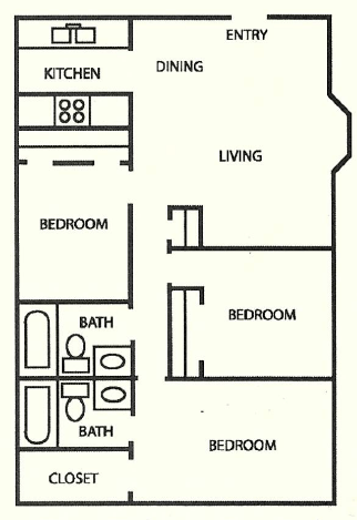 Floor plan for 3 beds, 2 baths, 1676 sqft